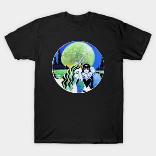 Full Moon Night Pierette and Unicorn Art Deco Illustration T-Shirt